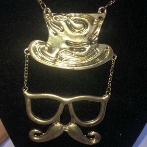 Quirky Gold Hat and Mustache Necklace